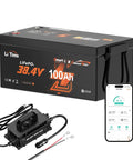 36V 100Ah LiFePO4 Battery With Bluetooth Low Temp Protection, 43.8V 25A Charger, Built-In 100A BMS shown with smartphone app