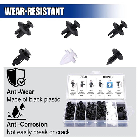 100Pcs Car Bumper Retainer Clips With Fastener Remover Tool Durable Plastic Clip Set for Auto Body Panels, black and white clips in box