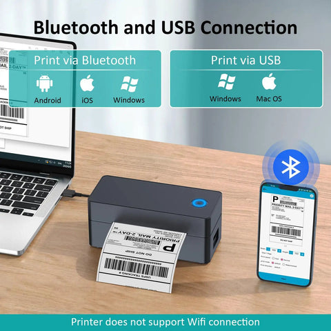 Bluetooth 4x6 Thermal Shipping Label Printer For Small Biz Quick Printing From iPhone Android Mac Windows Works With UPS USPS Amazon Etsy Navy Blue No WiFi Needed next to a smartphone and laptop