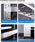 Heavy Duty 4 Tier Stainless Steel Garage Shelving Unit with 78 Inch Height and Adjustable Levels showcasing butterfly buckle design details.