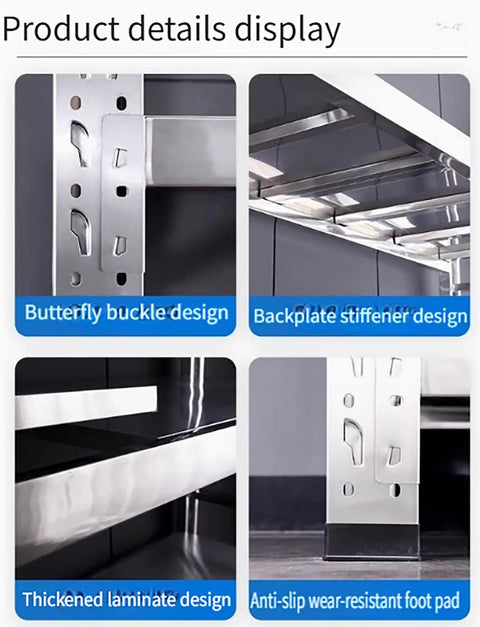 Heavy Duty 4 Tier Stainless Steel Garage Shelving Unit with 78 Inch Height and Adjustable Levels showcasing butterfly buckle design details.