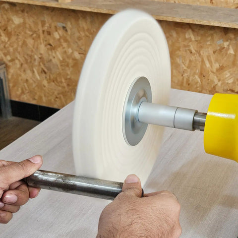 10 Inch Dual Speed Bench Buffer Polisher With Three Quarter Horsepower Induction Motor And Heavy Duty Cast Iron Base In Use
