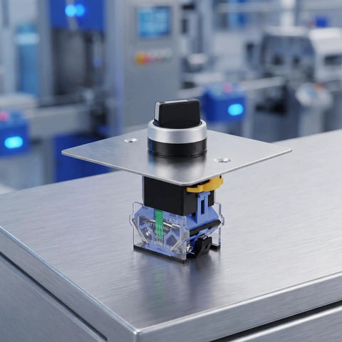 Built Like A Tank Stainless Steel Three Position Selector Switch Panel For Heavy Duty Industrial Machinery Control and Elevator Maintenance With Plug And Play Flush Mount Design on metallic surface.