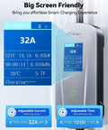 Level 2 Portable EV Charger 32A 7.68kW with 25 Foot Cable J1772 240V NEMA 14 50P displayed with smart-charge screen