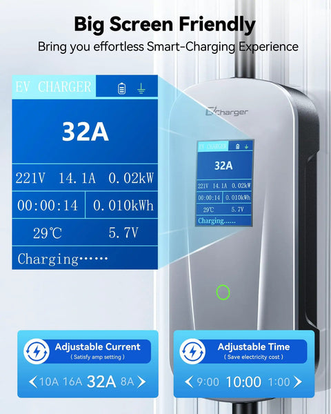 Level 2 Portable EV Charger 32A 7.68kW with 25 Foot Cable J1772 240V NEMA 14 50P displayed with smart-charge screen
