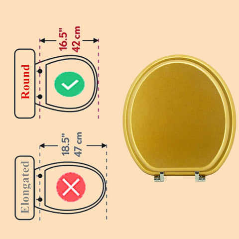 Round Wood Toilet Seat With Zinc Alloy Hinges No Fuss Prevent Shifting Easy Install Standard Round Size Easy To Clean Sparkling Classical Gold Finish Fits Most Round Toilets shown with size comparison