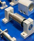 Two Pack LM8LUU Linear Bearings 8mm Bore 15mm OD 45mm Length With Dual Rubber Seals for CNC Machines on blue background