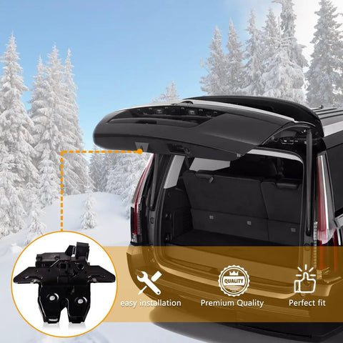 Heavy Duty Liftgate Latch Trunk Lock Actuator Plug And Play Boss Grade Replacement Swaps Direct For Buick Encore Chevy Bolt Sonic Suburban Tahoe Trax GMC Yukon 2012-2020 shown installed on vehicle trunk.