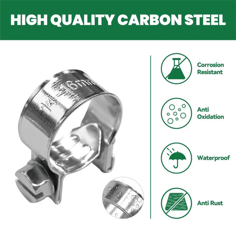 16mm fuel hose clamp with corrosion-resistant carbon steel material, part of 24 Piece Small Fuel Injection Hose Clamps Assortment Kit.