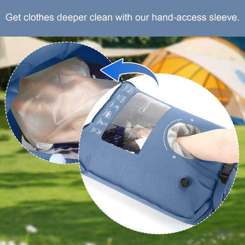 Compact Portable Washing Bag For Camping And Road Trips, Lightweight Manual Hand Wash Sack With Built In Scrub Sleeve in use.