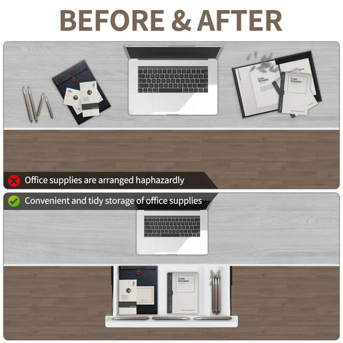 Before and after images showing Under Desk Sliding Drawer With Smooth Ball Bearing Rails For Sit Stand Tabletops Pull Out Organizer.
