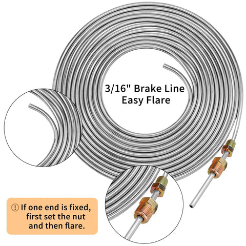 Heavy Duty 3/16 Inch Stainless Steel Brake Line Kit, 25 Foot Tubing Roll with 16 Fittings for Hydraulic Brake Systems