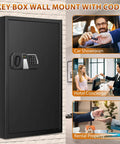 Fireproof 144 Key Safe Cabinet With Wall Mount Anti Theft Key Box With Combination Lock Adjustable Hook Plates And Tags Built Tough Steel Organizer For Home Office And Garage Storage Solution displayed next to images of usage scenarios in car showroom, hotel concierge, and rental property.