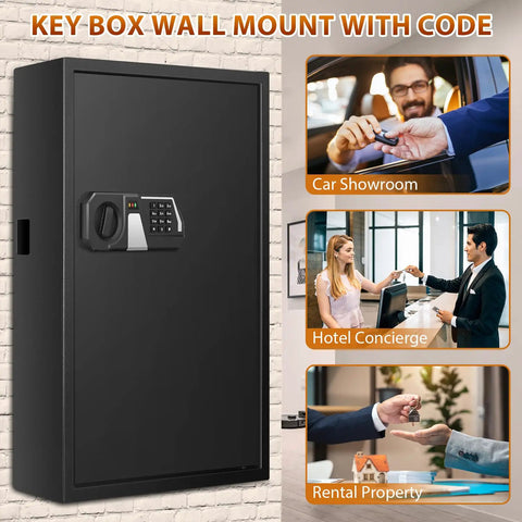 Fireproof 144 Key Safe Cabinet With Wall Mount Anti Theft Key Box With Combination Lock Adjustable Hook Plates And Tags Built Tough Steel Organizer For Home Office And Garage Storage Solution displayed next to images of usage scenarios in car showroom, hotel concierge, and rental property.