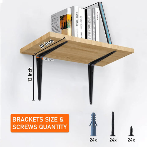Hella Sturdy 8 Pack Black Metal L Shelf Brackets Heavy Duty Wall Mount Floating Shelf Supports Thick Steel L Brackets Includes Screws And Wall Anchors Fast Setup Living Room Garage Wood Shelf Rack, 12x10 inch shelf with books.