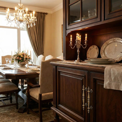 Dining room with vintage furniture featuring 12 Pack Antique Brass Cabinet Pulls And Handles For Drawers, Closets, Dresser And More, 110 mm Hole Center, Vintage Hardware For Kitchen, Bath, And Furniture Upgrade on sideboard.
