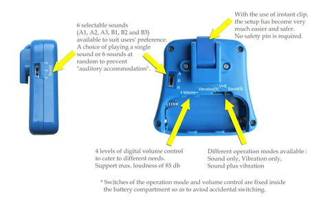 Bedwetting Alarm With Volume Control And Six Sound Options Plus Gentle Vibration Secure Sensor Clip For Accurate Early Warnings And Helps Your Kid Stay Dry All Night Long For No Mess Mornings, blue clip-on device