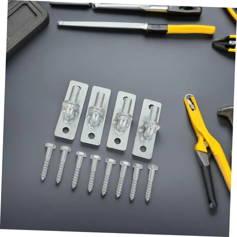 4 Pack Wall Mount Gate Hinges For Barn And Metal Doors Hella Heavy Duty Farm Gate Hardware with screws laid out on table.