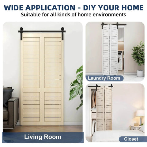 Heavy Duty 36 Inch Bi-Fold Barn Door Hardware Kit Fits Two 16 Inch Closet Doors installation examples in home settings