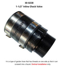 Angled side view of inline check valve, 1-1/2 in, black metal body with threaded end for garden hose fittings