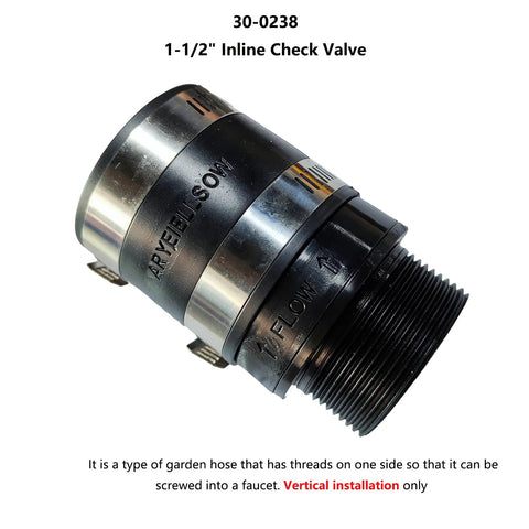 Angled side view of inline check valve, 1-1/2 in, black metal body with threaded end for garden hose fittings