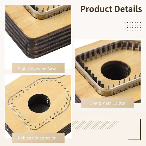 Close-up of Two Piece Leather Cutting Dies Set with stable wooden base and sharp metal cutter for DIY leather crafts projects.