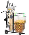 Mobile Trash Bag Holder And Tools Organizer Cart 2 In 1 With Metal Frame On 360 Degree Wheels displayed with tools and a leaf bag