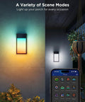 Next Level Outdoor Wall Lights Two Pack Smart RGBIC Porch Fixtures with app-controlled scene modes, mounted on a wall.