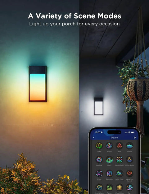 Next Level Outdoor Wall Lights Two Pack Smart RGBIC Porch Fixtures with app-controlled scene modes, mounted on a wall.