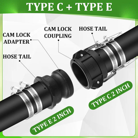 2 Pack Cam Lock Fittings Type C And E 2 Inch Cam And Groove Hose Fitting Kit With 2 Inch Female Coupling 2 Inch Male Adapter Gasket And Hose Clamps For Heavy Duty Industrial Use, black hose fittings with clamps