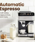 CafeMaster Pro Espresso Machine Lets You Brew Single Or Double Shots Like A Real Barista At Home With Built In Milk Frother 15 Bar Pump XL 1.8 Liter Removable Water Reservoir Stainless Steel Finish, displayed with coffee and milk.