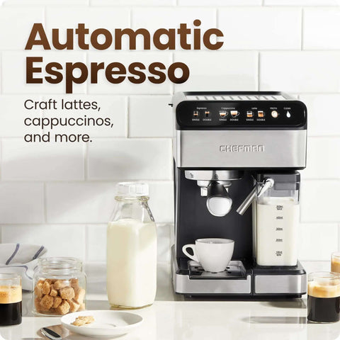 CafeMaster Pro Espresso Machine Lets You Brew Single Or Double Shots Like A Real Barista At Home With Built In Milk Frother 15 Bar Pump XL 1.8 Liter Removable Water Reservoir Stainless Steel Finish, displayed with coffee and milk.