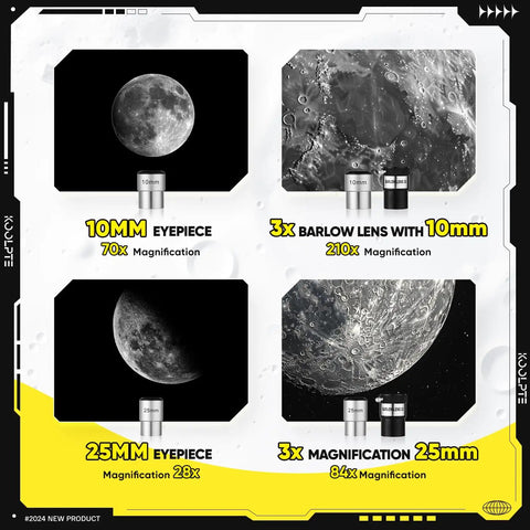 Image of a 90mm Aperture Telescope With 700mm Focal Length, Go-To Pro Level Beginner Kit showing eyepieces and magnification details.
