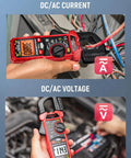 Pro Grade True RMS Clamp Meter Multimeter with D Shaped Jaw showing AC DC current and voltage measurements in use