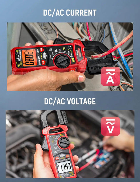 Pro Grade True RMS Clamp Meter Multimeter with D Shaped Jaw showing AC DC current and voltage measurements in use