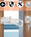 3 Inch Keyed Door Lock Hasp Latch In Stainless Steel on a wooden door, includes keys, highlighting thickened material and security features.