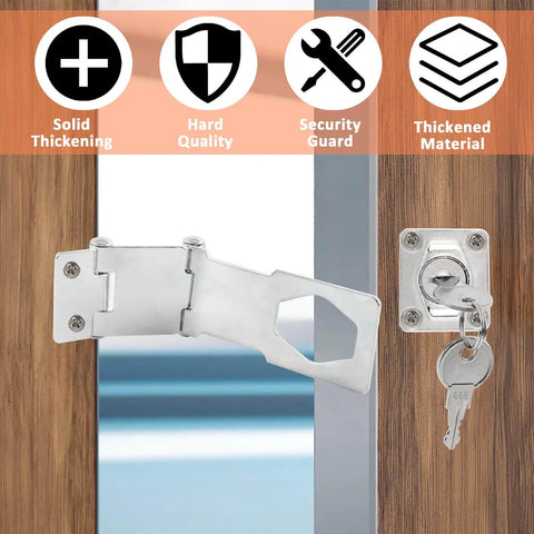 3 Inch Keyed Door Lock Hasp Latch In Stainless Steel on a wooden door, includes keys, highlighting thickened material and security features.