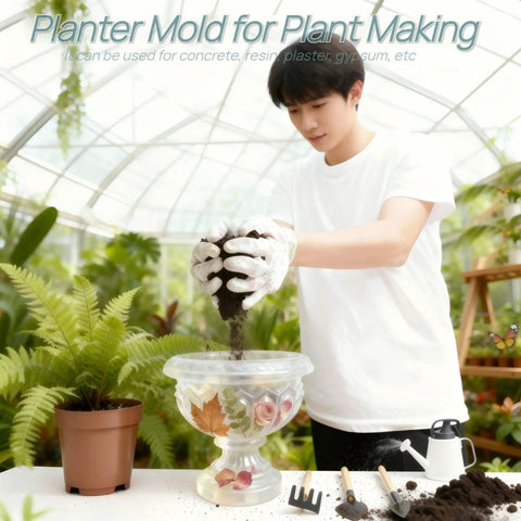 Person using Durable Concrete Planter Mold 9.65 By 10.2 Inches, Reusable Cement Pot Mold For DIY Garden Decor in greenhouse setting.