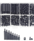 320 Piece M2.5 Nylon Hex Spacer Standoff Kit With Screws And Nuts In Black For DIYers And Makers, assorted sizes in plastic box.