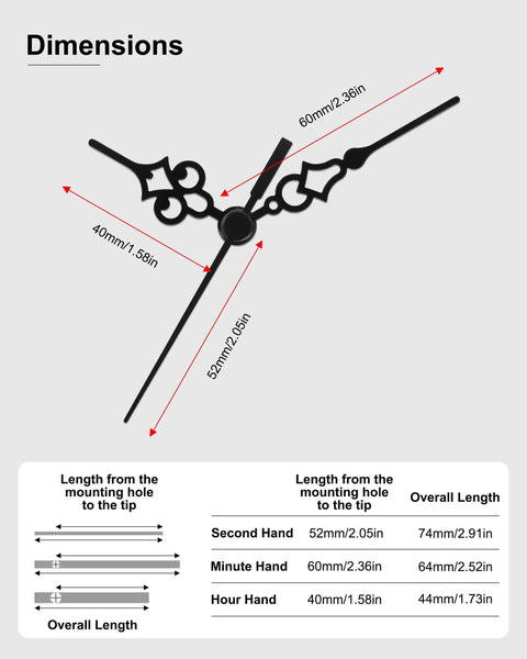 Dimensions of Eight Piece Black Clock Hands Set For 140mm Clock Faces Antique Style With Thick Mounting Hole