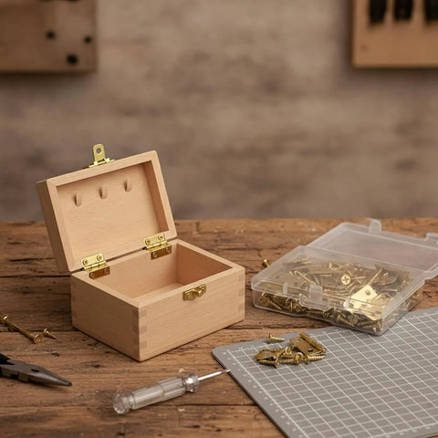 Flush Lid Foldable Iron Hinges For Jewelry Boxes And Small Wood Crafts, 50 Pack Kit with open wood box on worktable