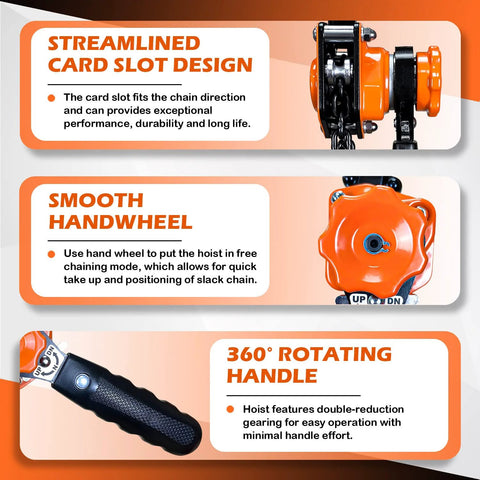 YATOINTO orange mini lever chain hoist with dual hooks and 10 ft chain (front view)