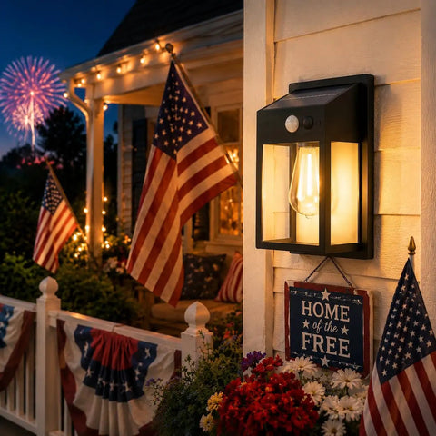 Outdoor Solar Porch Lights 2 Pack Featuring Motion Sensor And 3 Lighting Modes Zero Wiring Hassle Built Tough Weatherproof Wall Lanterns Sconces For Front Door Garage Fence Patio 7 5 Inch mounted beside flowers and American flags on porch at night.
