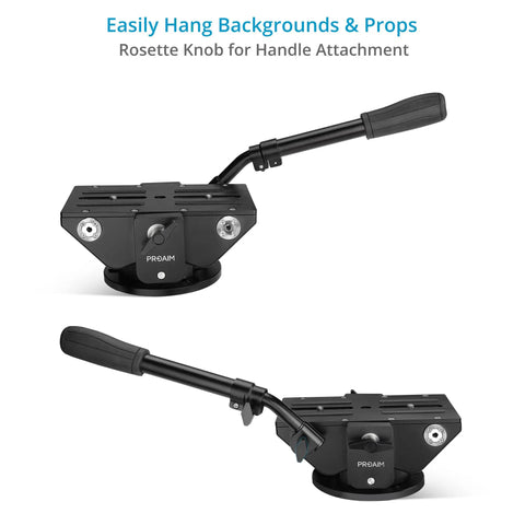 Rocker Camera Plate System with Flat Base Mount for Heavy Video Setups, showing rosette knob and handle attachment in black.