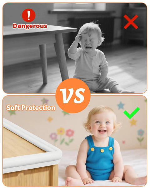 Thick As Nails L Shaped Baby Corner And Edge Guards 6.56 Feet Long protecting a toddler from sharp furniture edges.