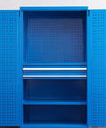 Heavy Duty Rolling Tool Chest And Two Door Garage Storage Cabinet With Tough As Nails Steel Frame and two tiered shelves.