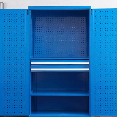 Heavy Duty Rolling Tool Chest And Two Door Garage Storage Cabinet With Tough As Nails Steel Frame and two tiered shelves.