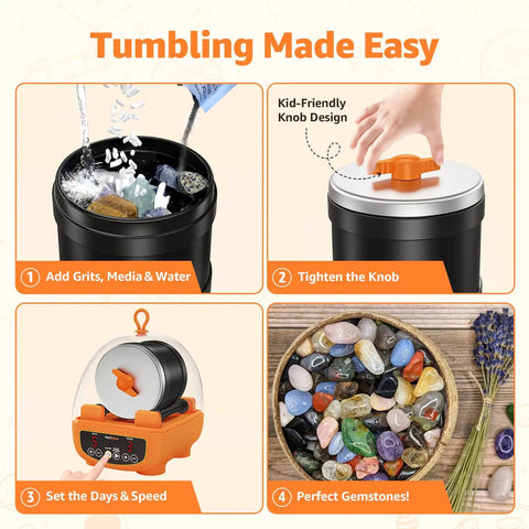Beginner Rock Tumbler Kit With 4-Stage Silicon Carbide Grit, Leak-Proof Polisher, showing steps of use and final polished gemstones