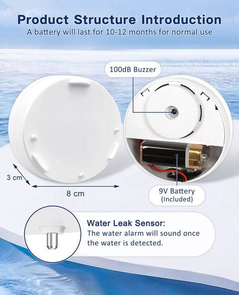 Six Pack Water Leak Detectors With 100dB Alarm Battery Operated Water Sensor Alarms diagram showing dimensions and components.