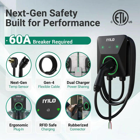 Level 2 EV Charger 48 Amp 11.5kW 240V Home Charging Station, Up to 9x Faster, UL 2594 ETL Energy Star Certified, Adjustable Current 6A to 48A, Hardwired Install With 60A Breaker Required on wall-mounted unit